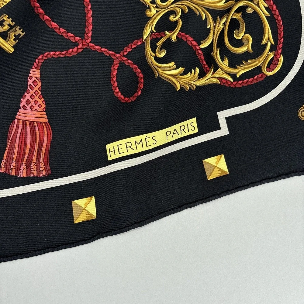 Hermes Scarf Silk Black Gold the Keys Print Square Les Kles 90 Carre France